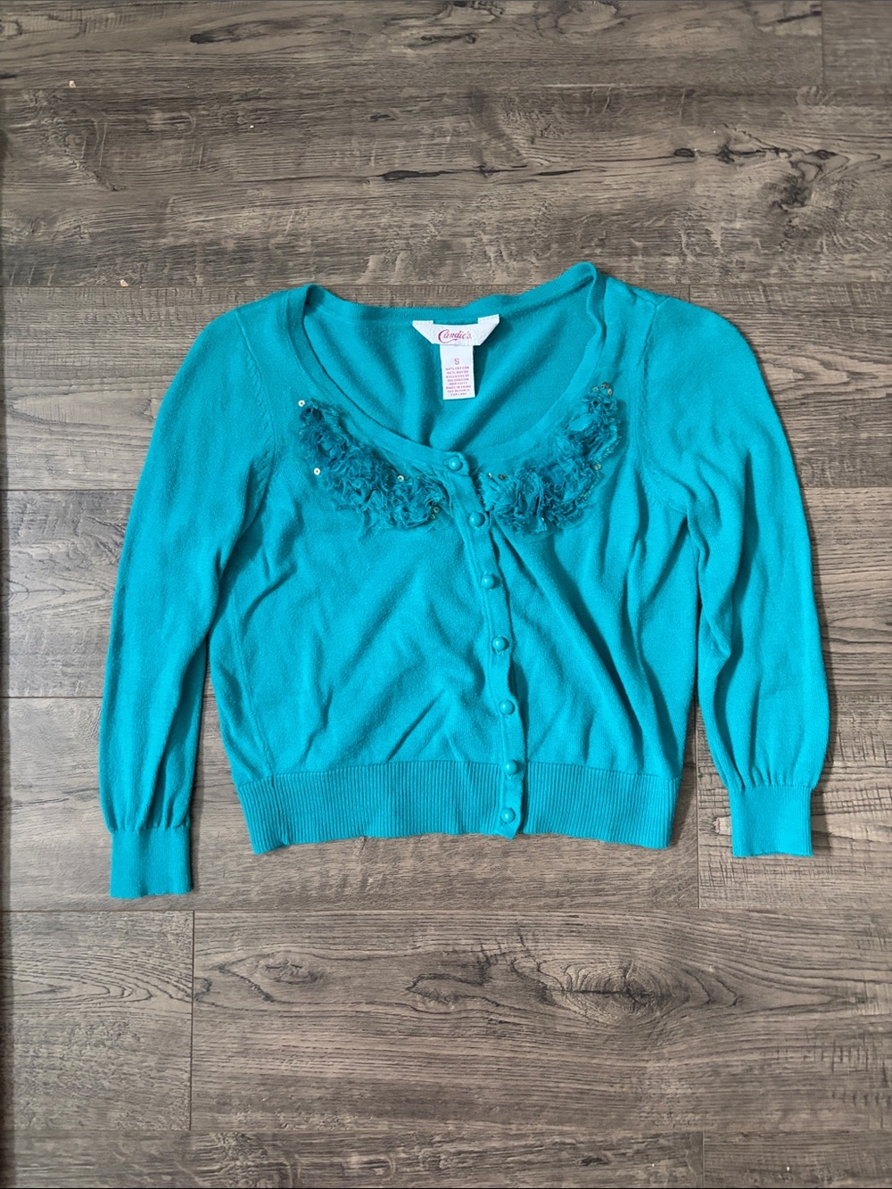 Candie's Teal Floral Appliqué Button Cardigan